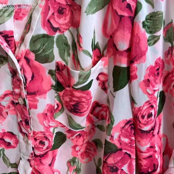 I Live 4 Truth Blouse Women Size L Pink Floral Hi Low Hem Roll Tab Sleeve - Picture 4 of 11